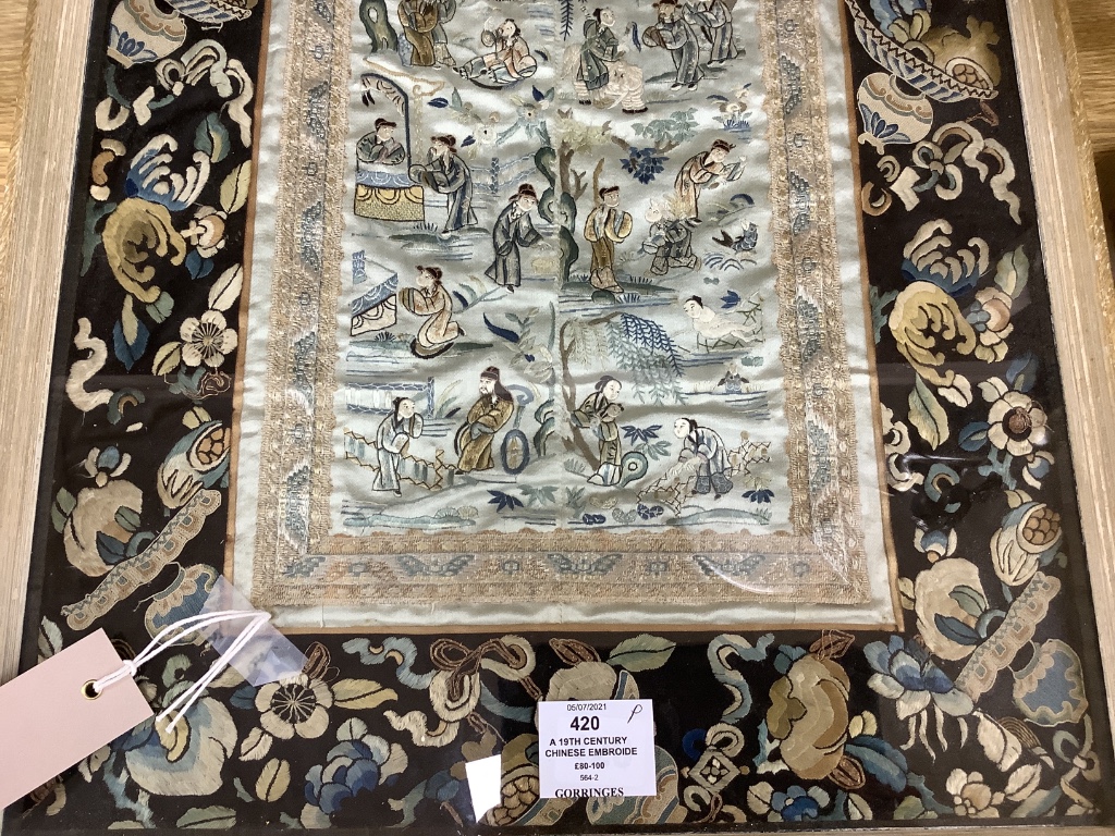 A 19th century Chinese embroidered silk panel, framed, 70 x 38cm